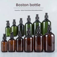 Botella Dispensadora de Plástico PET Redonda Boston de 100ml-500ml, Vacía, Recargable, Transparente, Negra, Ámbar, Verde, para Loción, Champú, Gel de Ducha