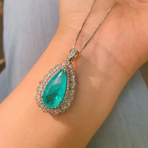 Bijoux de mode écologiques en cuivre plaqué or, zircon Paraiba 10*20mm, ensemble collier, boucles d'oreilles et bague, vente en gros, fabriqué en Chine - Product Image 3