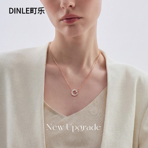 Dinle Rose Gold Double <b>Ring</b> <b>Necklace</b> Channel Setting Geometric Pendant For Women Daily Wear Gift - Product Image 2