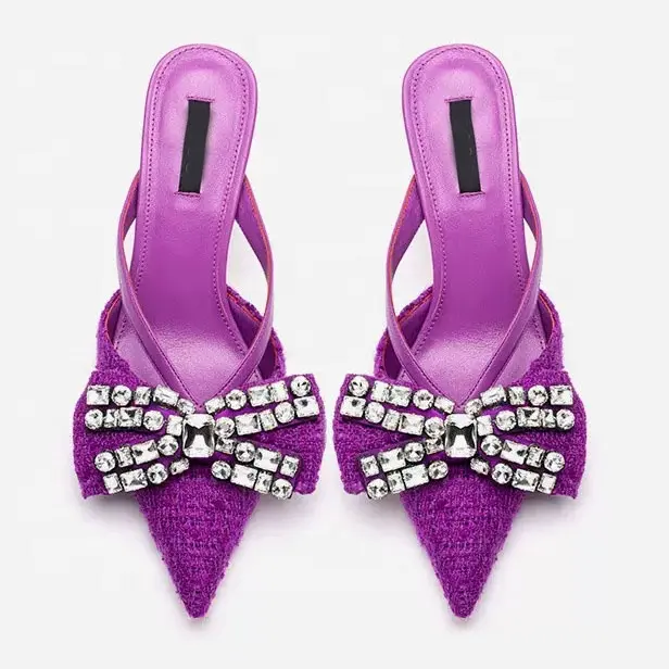 Enmori-zapatillas de tacón hechas a mano para mujer, zapatos de tacón bajo y superior de tela púrpura
