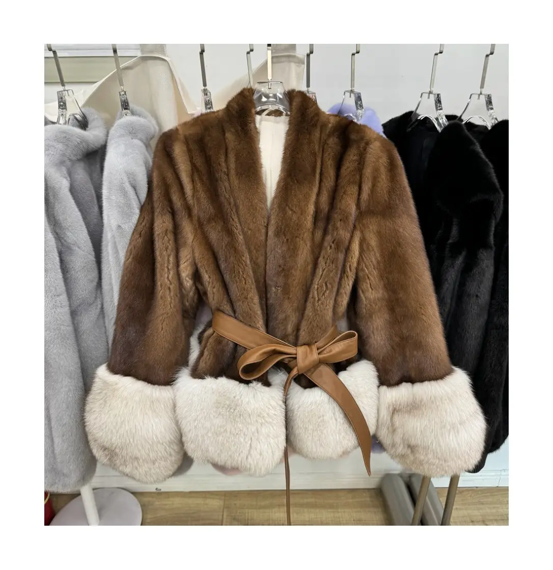 RX kürkler ODM Custom Made tasarımlar kadın giyim kadın dış giyim ceket kış Chic ceket gerçek vizon kürk palto ile kemer tilki kürk Trim