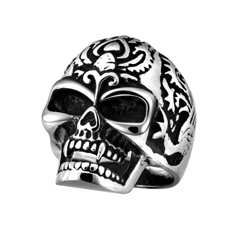 Personality men's domineering flame skull stainless steel ring Stylish gothic punk style night club biker finger ring for male