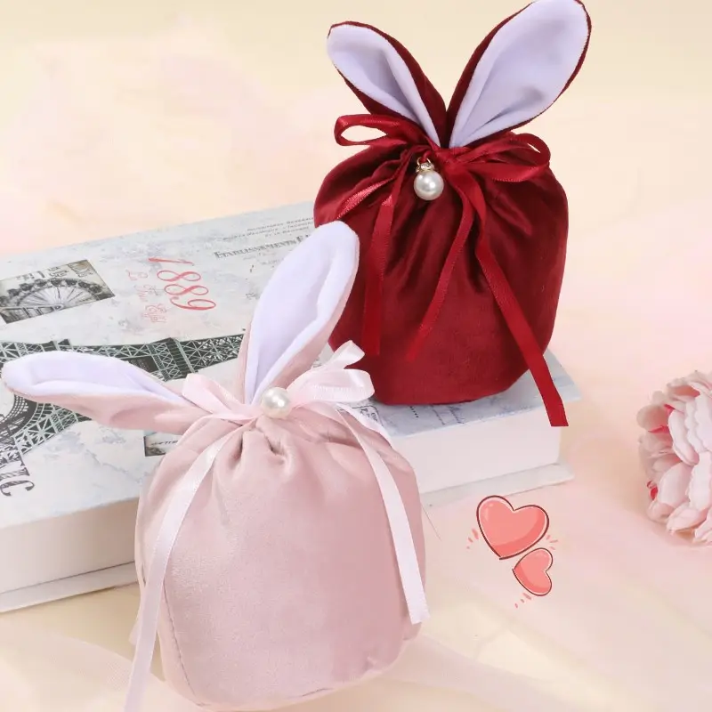 High Quality Blank Velvet Easter Bunny Drawstring Bag Candy Gift Bag Monogram Custom Logo Rabbit Bunny Bag