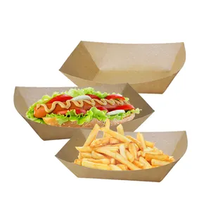 Hot Custom Greaseproof Hamburg Snackbak Wegwerp Gerecycled Kraft Voedsel Papier Boot Lade Voor Verpakking Bakken Cake Frietjes