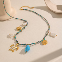 Collier en corde avec breloque coquillage et perle d'eau douce pour femme, en acier inoxydable plaqué or 18 carats PVD, style vacances océaniques, pour usage quotidien, été