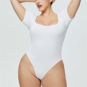 Оптовая продажа, летние однотонные облегающие комбинезоны с квадратным воротником и коротким рукавом, облегающие комбинезоны больших размеров - Product Image 5