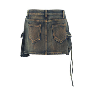 Printemps Nouvelle Mode Jupes Denim pour Femmes Plusieurs Poches Patchwork Lavé À Lacets <span class=keywords><strong>Cargo</strong></span> A-ligne Mini <span class=keywords><strong>Jupe</strong></span> - Product Image 4