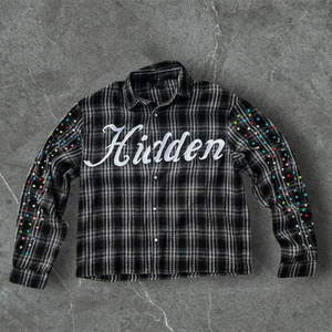 Kemeja Flanel Pria Lengan Panjang Motif Kotak-kotak, Jahitan Tangan Berhias Berlian Imitasi, Efek Vintage Distressed, Ukuran Oversize - Product Image 5