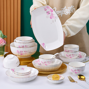 Chinois traçage or lumière luxe Europe Design moderne ensemble de dîner de fleurs roses, <span class=keywords><strong>vaisselle</strong></span> en porcelaine de chine fraîche - Product Image 4