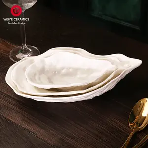 WEIYE new arrival oysters shell shape plate set bamboo base white porcelain snack dish Dessert plate