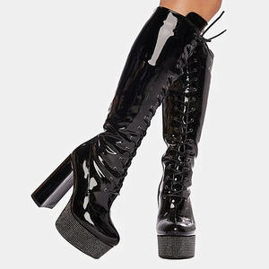 NSB031 נשים פטנט עור עבה העקב פלטפורמה בגובה הברך מגפי שרוכים עד ארוך מגפיים לנשים - Product Image 3