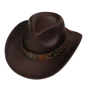 新款美国整流罩礼品跨界西部牛仔帽复古仿皮裂纹男女毡帽