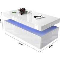 Table basse de salon blanche haute brillance avec lumières LED RVB 2 tiroirs de rangement pour meubles de bureau à domicile