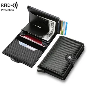 Retro Người Đàn Ông Của Sợi Carbon Đa Chức Năng Thẻ Bìa Chống Trộm PU Da Nhôm Hộp RFID Chủ Thẻ Kim Loại Da Ví