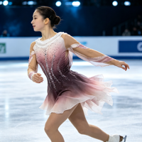 Robe de performance en mousseline irrégulière à manches longues, dégradé rose-brun, ornée de strass, pour patinage artistique