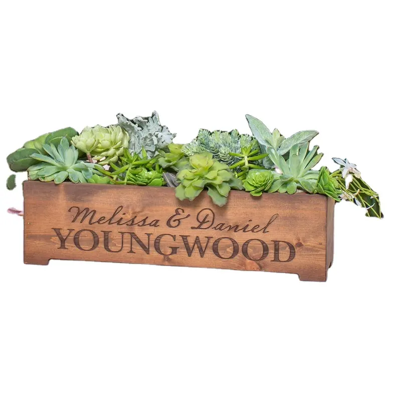 Personalized Rustic Wood Planter Box Wedding Centerpiece Vase First Names and Last Name Custom Text Engraved