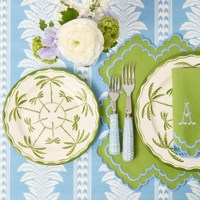 Vente en gros de linge de table vert festonné personnalisé avec bordure bleue Serviette de table de haute qualité pour banquets, repas à domicile et restaurant