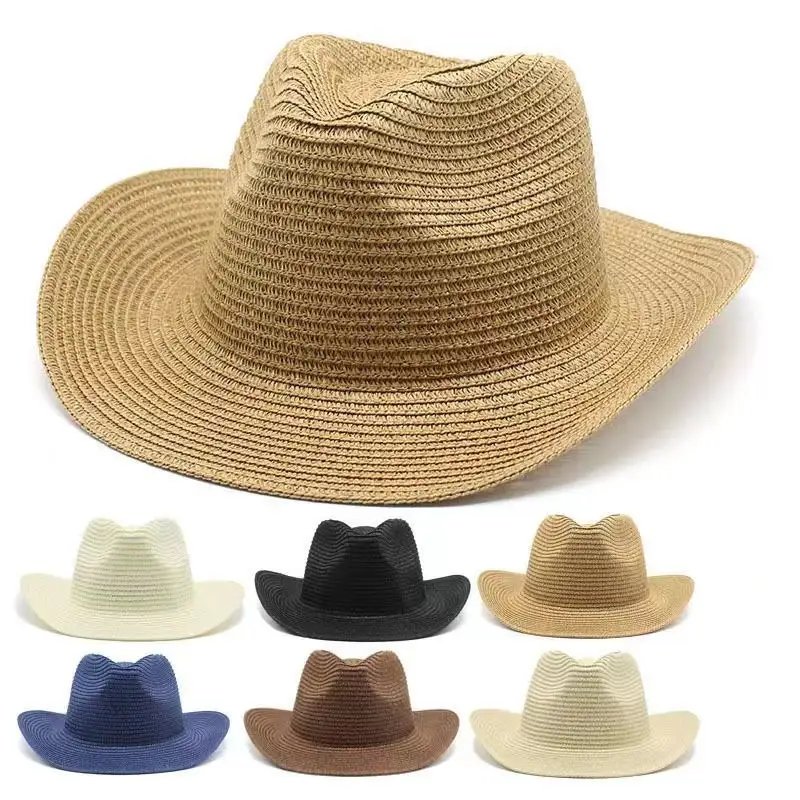 Grosir topi jerami koboi Amerika topi Panama kosong topi jerami Jazz kasual perjalanan untuk pria musim panas