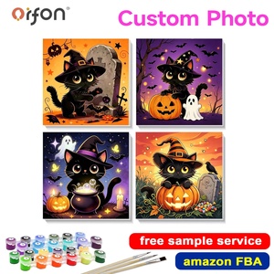 Kit de <span class=keywords><strong>Pintura</strong></span> <span class=keywords><strong>por</strong></span> Números Personalizado de 4 Piezas para Adultos, Juego de <span class=keywords><strong>Pintura</strong></span> <span class=keywords><strong>por</strong></span> Números de Gato Negro para Halloween, Ideal para Decoración de Paredes - Product Image 1