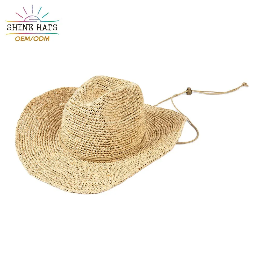 Chapéu de palha Shinehats 2024 OEM para mulheres, chapéu de praia personalizado de verão, chapéu de cowboy com aba larga e palha de ráfia