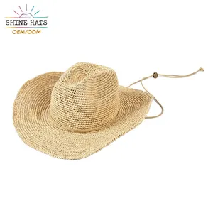 Shinehats 2024 OEM été personnalisé femmes plage soleil chapeau de paille Sombreros dames Chapeau en gros large bord raphia paille Cowboy chapeaux