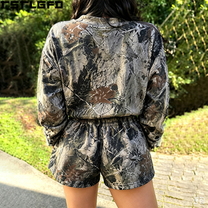 Cut and Sew for <b>Camo</b> Stand Collar Winter Casual Sweatshirt <b>Shorts</b> Set Women Matching Streetwear Wholesale Bulk - Product Image 3