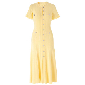 ~ Spot ~ Abito estivo elegante in maglia <span class=keywords><strong>giallo</strong></span> brillante con motivo geometrico Dongfeng, collo rotondo e fibbia in metallo, di alta qualità Nanyou - Product Image 1