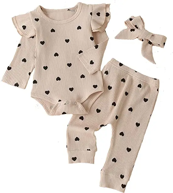 Baby Jumpsuit Girl 3Pc Rib Frill Long Sleeve Romper And Pant Boutique Clothes For Kids Little Toddler Baby Girls Clothing Sets