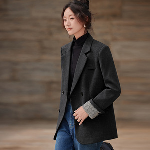 Women's Black Blazer Solid Color Polyester Worsted Anti-Wrinkle Spring Autumn Winter Casual Coat - Product Image 1