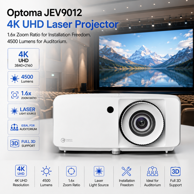 Large Venue Display Optoma JEV9012 4K UHD Laser Projector 4500 Lumens with High Contrast and Duracore