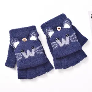 5-12 Years Wholesale Children's Winter Knit Letter W Doggy Mittens Boys Girls Fashion Warm Soft Cartoon Flip Winter Red Mittens