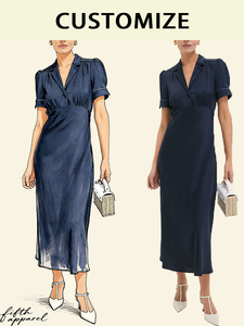 Robe de bal formelle personnalisée, bleu marine, taille empire, respirante, longueur midi, été - Product Image 1