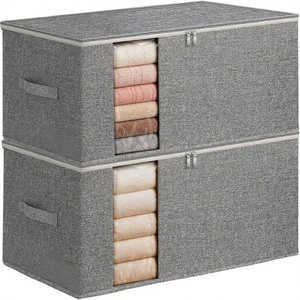 Sac de rangement pour couette en lin 90L, lot de 2, empilable et pliable, côtés et fond rigides, organisation de la literie sous le lit - Product Image 1