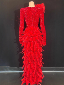 Elegante <span class=keywords><strong>Abito</strong></span> da Sera <span class=keywords><strong>Rosso</strong></span> Lungo fino al Pavimento per Donne, Lussuoso con <span class=keywords><strong>Spacco</strong></span> Alto, Paillettes e Strass in Tessuto di Lana - Product Image 6