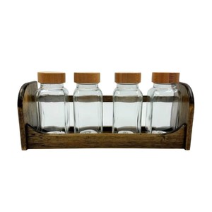 Solid Wood <b>Spice</b> <b>Rack</b> With Glass <b>Jars</b> And Wooden Lids Standing Type Kitchen Storage <b>For</b> Seasoning Salt Sugar Msg - Product Image 2