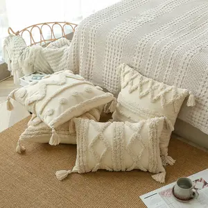 波西米亚风格簇绒靠垫套流苏100% 棉麻抱枕家居沙发装饰素色棉白色簇绒枕套