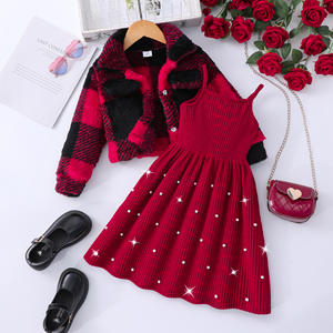 2025 Autumn Vintage <strong>Children</strong> Outfit Wholesale Long Sleeve Plaid <strong>Fur</strong> <strong>Coat</strong> Pearls Knit Sleeveless Dress Girls Kids Winter Clothing - Product Image 2