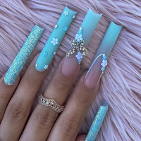 Kuku Palsu Lengkung C Ekstra Panjang Turquoise Ombre Buatan Tangan Tekan & Tempel Motif Kupu-kupu Bunga Kecil Berhias Berlian Imitasi Dapat Digunakan Kembali Tip Seni Kuku