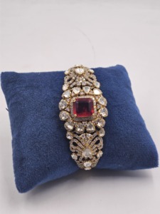gold-plated brass cuff <b>bracelet</b> features central square <b>ruby</b> doublet surrounded intricate floral-patterned polki crystals SET - Product Image 3