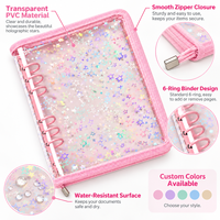 Organisateur de planificateur à fermeture éclair en PVC transparent avec paillettes étoilées, carnet à anneaux rechargeable, impression couleur personnalisée, vente en gros en vrac, OEM