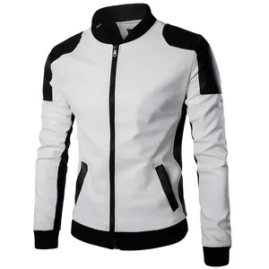 Spring new men's stand-up collar leather jacket with black and white color matching plus size PU leather jacket for young men.