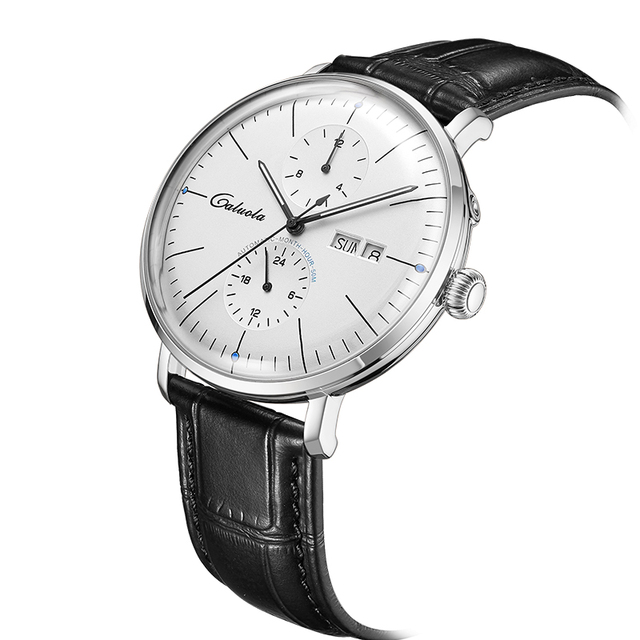 Caluola Multifunctional Automatic Mechanical Watch Men's Arched Synthetic Sapphire Glass Stainless Steel Case Water Resistant
