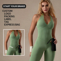 Combinaison de yoga pour femme à col halter, dos nu en dentelle, avec coussinets de poitrine intégrés, jambes évasées, pour la gym, le fitness et le sport