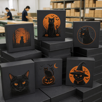 Boîte à bijoux d'Halloween personnalisée, boîte cadeau rigide magnétique avec impression de chat noir, vente en gros, emballage pour bague et collier, OEM, luxe