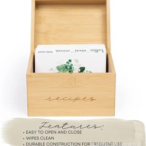 Bamboo Recipe <b>Box</b> Card Holder Wooden <b>Storage</b> Organizer With Lid Rectangle Shape For <b>Kitchen</b> Desktop Use - Product Image 2