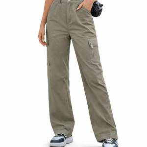 Pantalones Cargo Color Caqui para Mujer, Cintura Alta, Corte Recto, Estilo Utilitario, Multibolsillos, Casuales, para Uso Diario - Product Image 1