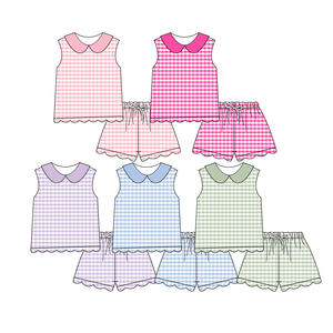 เสื้อเชิ้ตเด็กผู้หญิงลายสก็อตสีสันสดใสแบบลำลอง แขนกุด ขอบระบาย จับคู่กับกางเกงขาสั้น เสื้อผ้าสำหรับพี่น้อง ฤดูใบไม้ผลิ ฤดูใบไม้ร่วง ผ้าขนสัตว์ - Product Image 1