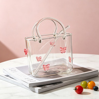 Verre en forme de sac à main avec poignée transparente, décor nœud rose 3D et paille en verre assortie – Vaisselle esthétique mignonne