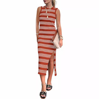 Robe gilet en tricot sans manches mi-longue d'été pour femmes décontractées Simple Fashion Hollow Knitted Side Slit Straight Knee-Length for