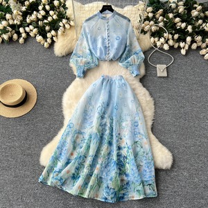 Ensemble deux pièces pour femme, style européen, haut à manches lanternes, taille haute et coupe ajustée - Product Image 4